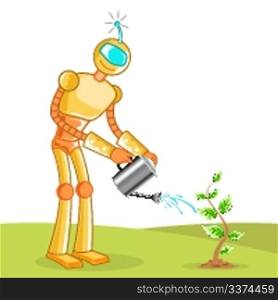 illustration of gardening robot with tree and water
