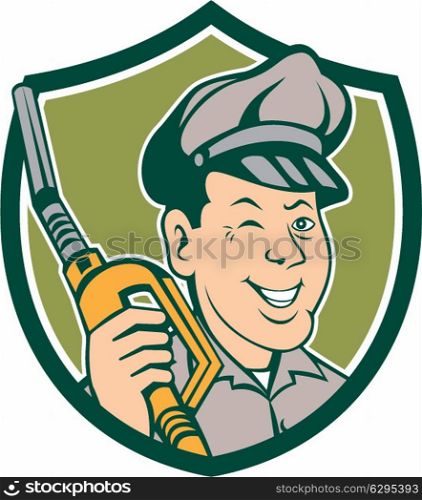 Illustration of gas gasoline fuel attendant worker winking smiling holding fuel pump nozzle set inside shield crest on isolated background done in retro style.