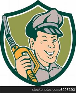 Illustration of gas gasoline fuel attendant worker winking smiling holding fuel pump nozzle set inside shield crest on isolated background done in retro style.