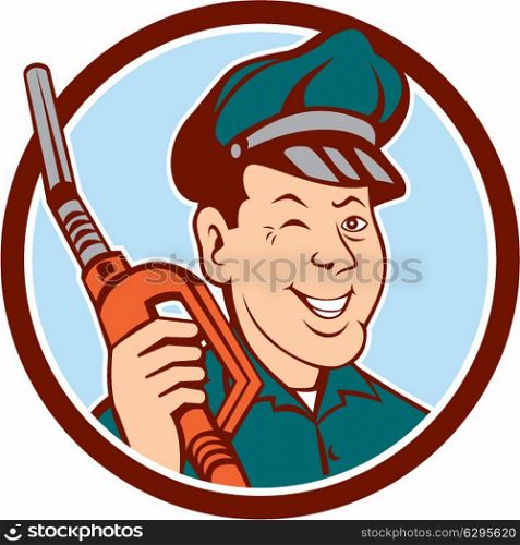 Illustration of gas gasoline fuel attendant worker winking smiling holding fuel pump nozzle set inside circle on isolated background done in retro style.