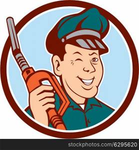 Illustration of gas gasoline fuel attendant worker winking smiling holding fuel pump nozzle set inside circle on isolated background done in retro style.