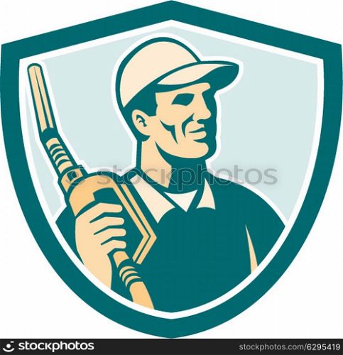 Illustration of gasoline attendant worker holding fuel pump nozzle looking to the side set inside shield crest on isolated background done in retro style.