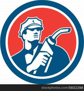 Illustration of gasoline attendant worker holding fuel pump nozzle set inside circle on isolated background done in retro style.