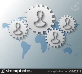 Illustration of gears with heads and world map background