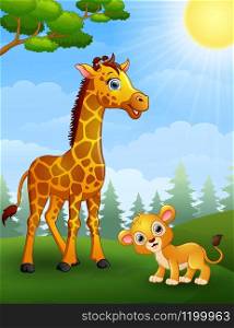 illustration of Giraffe and lion cub cartoon in the jungle