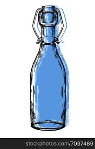 Illustration of glass bottle with hatching and blue coloring spot. Zero waste object. The object is separate from the background. Vector engraving element for menus, articles, cards and your creativite. Illustration of glass bottle with hatching and blue coloring spot. Zero waste object. The object is separate from the background.