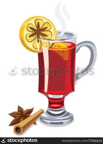 illustration of glass hot mulled wine with lemon and cinnamon. hot mulled wine