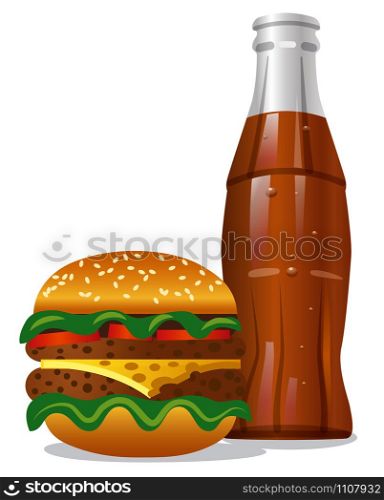 illustration of glass with cola and hamburger. cola and hamburger