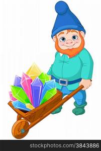 Illustration of gnome carries a wheelbarrow full of quartz crystals