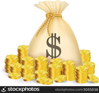 Illustration of gold coin with bag of money