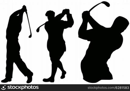 Illustration of golfer swinging playing silhouette done in retro style.