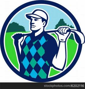 Illustration of golfer wearing argyle vest and hat holding golf club on shoulder looking to the side with trees in the background set inside circle done in retro style. . Golfer Golf Club Shoulders Circle Retro