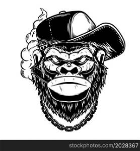 Illustration of gorilla with cigar in vintage monochrome style. Design element for logo, emblem, sign, poster, card, banner. Vector illustration