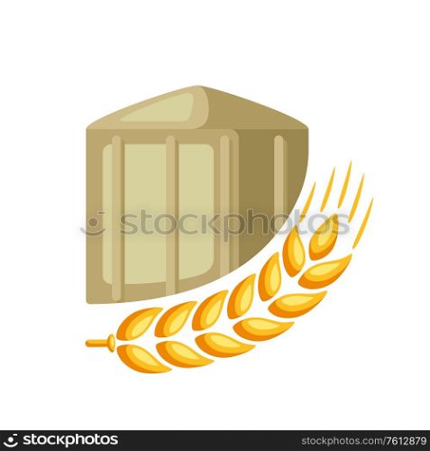 Illustration of granary with ripe wheat ear. Agricultural emblem.. Illustration of granary with ripe wheat ear.