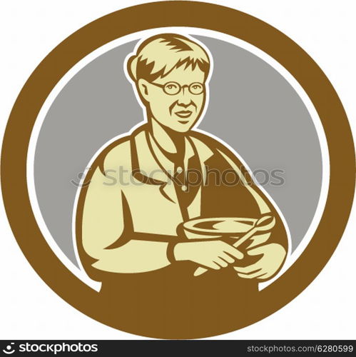 Illustration of granny chef, cook or baker holding mixing bowl set inside oval shape on isolated background done in retro style.