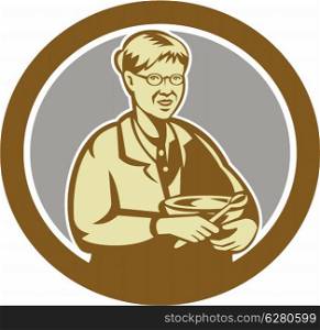 Illustration of granny chef, cook or baker holding mixing bowl set inside oval shape on isolated background done in retro style.
