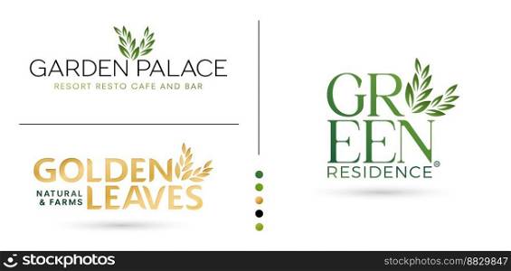illustration of Green Residence, golden leaves, garden palace logos letter type isolated white background for Branding and identity design, corporate mark logotype, Conceptual identity designs company
