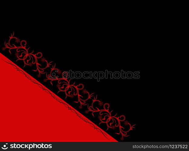 Illustration of greeting card with elements of flora and wavy line in red and black, illustration for design with place for your text