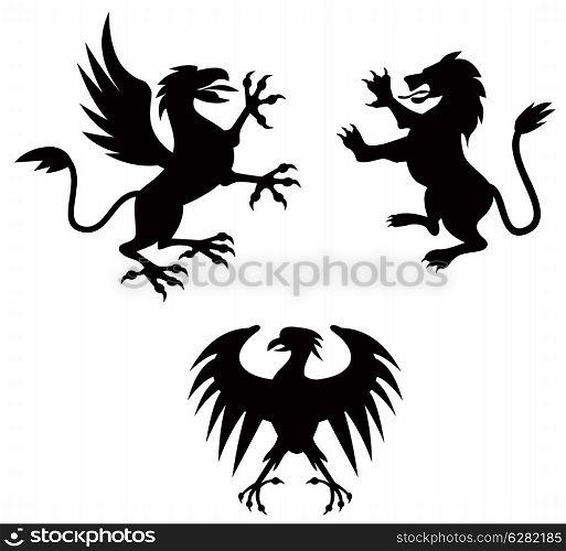 Illustration of griffin lion vulture silhouette set in white background done in retro style. . Griffin Lion Silhouette