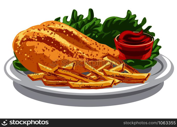 illustration of grilled chicken breast with fries and tomato sauce. grilled chicken breast