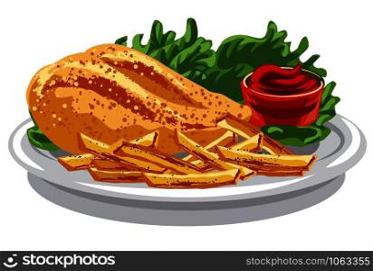 illustration of grilled chicken breast with fries and tomato sauce. grilled chicken breast