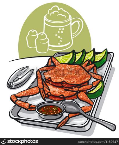 illustration of grilled cooked seafood crabs with lime and sauce. cooked seafood crabs
