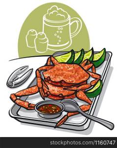illustration of grilled cooked seafood crabs with lime and sauce. cooked seafood crabs