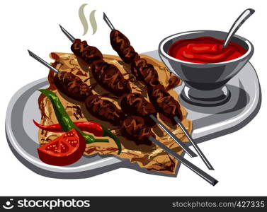 illustration of grilled kebab with pita bread. grilled kebab with pita