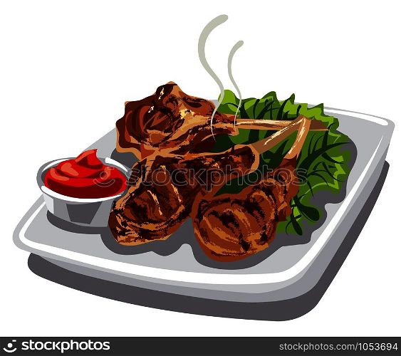 illustration of grilled lamb chops with tomato sauce and lettuce. grilled lamb chops