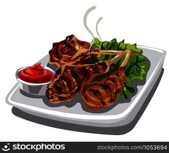 illustration of grilled lamb chops with tomato sauce and lettuce. grilled lamb chops