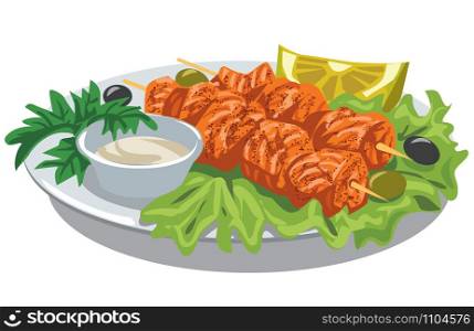 illustration of grilled salmon kebab with sauce and salad. grilled salmon kebab