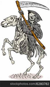 Illustration of grim reaper skeleton horseback done in retro style.