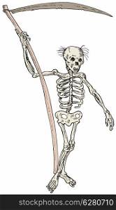 Illustration of grim reaper skeleton standing front view done in retro style. . Grim Reaper Skeleton Standing