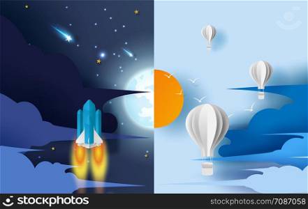 illustration of Half day and night, sun and moon with clouds.rocket start up in evening cloudscape and balloons fly in the air on sky, Creative design paper art and craft style backgrounds. vector