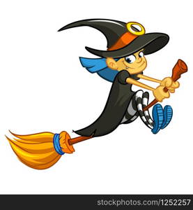 Illustration of Halloween cartoon witch flying on broom