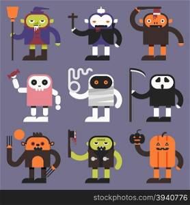 Illustration of halloween cute ghosts characters, flat design