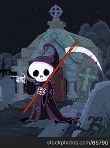 Illustration of Halloween grim reaper with scythe pointing over tombstone