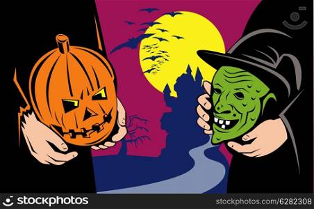 Illustration of halloween masks exchange showing jack-o-lantern pumpkin head and green evil witch with castle in background done in retro style.