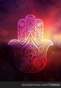 Illustration of Hamsa with boho pattern on blurred sunrise seascape. Buddhas hand. Vector card for your banner, greeting card and your design. . Illustration of Hamsa with boho pattern on blurred sunrise seascape. Buddhas hand.