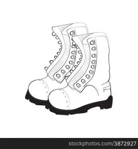 Illustration of hand drawn, doodle boots isolated on white background