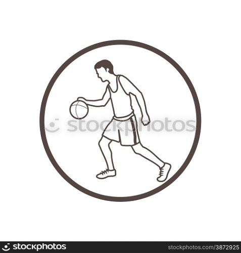 Illustration of hand drawn, doodle style, basketball player icon isolated on white background