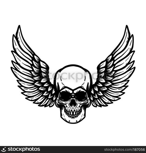 Illustration of hand drawn human skull with wings. Design element for poster, sign, emblem, badge, t shirt. Vector image