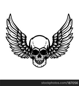 Illustration of hand drawn human skull with wings. Design element for poster, sign, emblem, badge, t shirt. Vector image