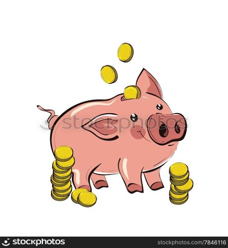 Illustration of hand drawn piggy bank with golden coins