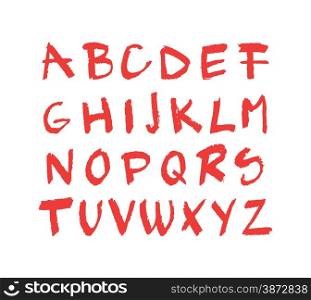 Illustration of hand drawn red chalck alphabet isolated on white background; grunge texture