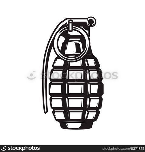 Illustration of hand grenade in monochrome style. Design element for logo, label, sign, emblem. Vector illustration