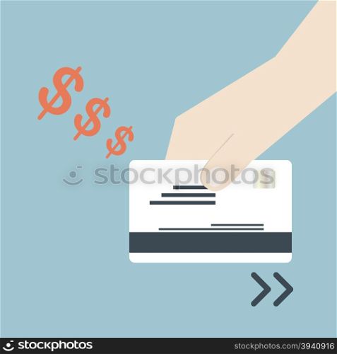 Illustration of hand holding credit card and swiping