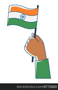 Illustration of hand holding flag of India. Indian national traditional holiday symbol. Patriotic celebration.. Illustration of hand holding flag of India. Indian national traditional holiday symbol.