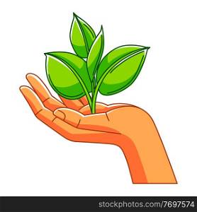 Illustration of hand holding sprout with leaves. Ecology concept or image for environment protection.. Illustration of hand holding sprout with leaves. Ecology concept for environment protection.