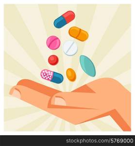 Illustration of hand holding various pills and capsules.. Illustration of hand holding various pills and capsules